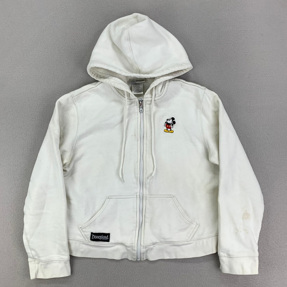Disneyland Terry‎ Fleece Hoodie Womens Large White Mickey Embroidered Full-Zip